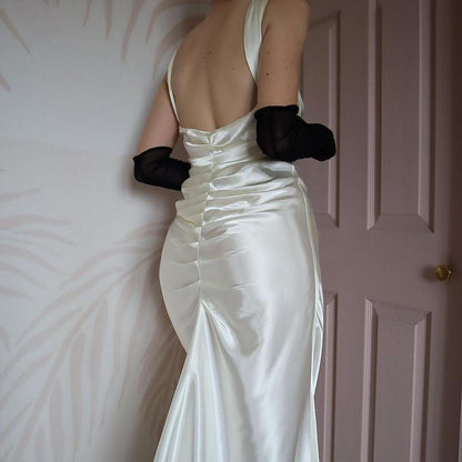White satin Zum Zum diamanté evening gown UK 10