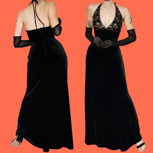 Black velvet halter neck evening dress UK 10