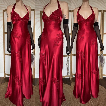 Niki Livas red satin halter-neck evening dress uk 12