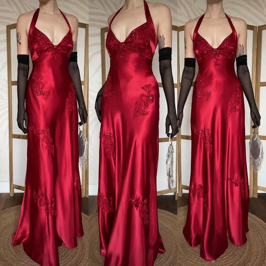 Niki Livas red satin halter-neck evening dress uk 12