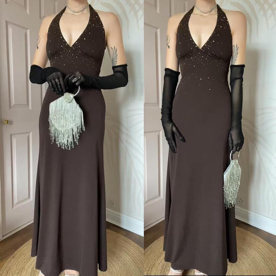Brown Nightway halter-neck beaded dress UK 10