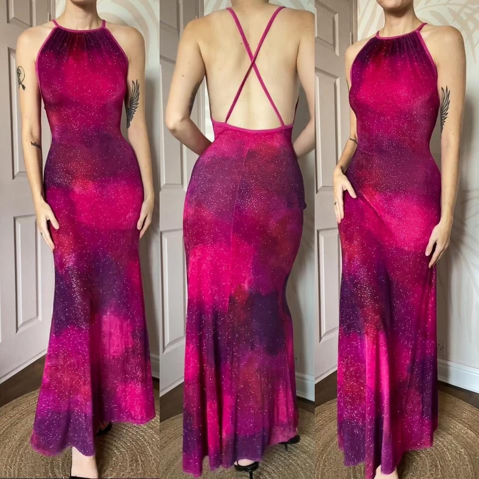 Bernshaw vintage pink & purple bodycon evening dress UK 10