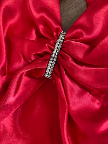 Niki Livas petite red satin prom dress uk 8