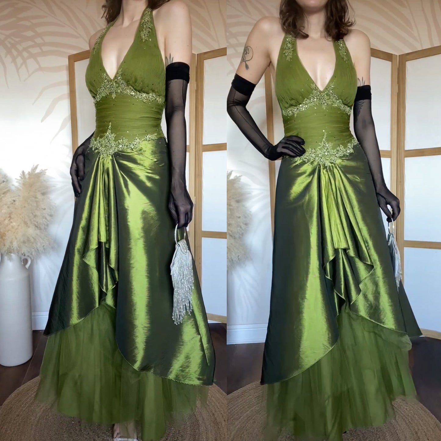 Green halter-neck a-line fairycore prom dress uk 10