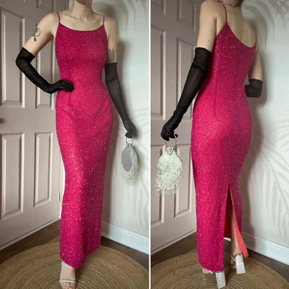 Fuchsia pink Marina beaded evening dress UK 12-14