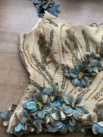 Golden tan 2 piece floral evening set UK 12