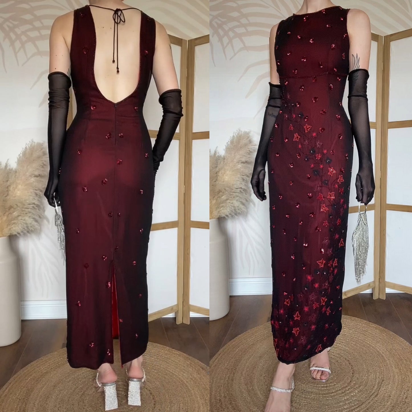 Red & black beaded open back evening dress uk 14
