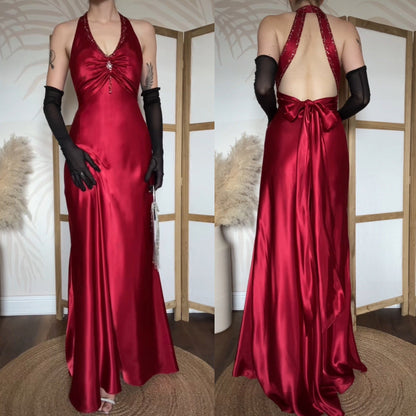 Niki Livas red satin beaded evening gown uk 10