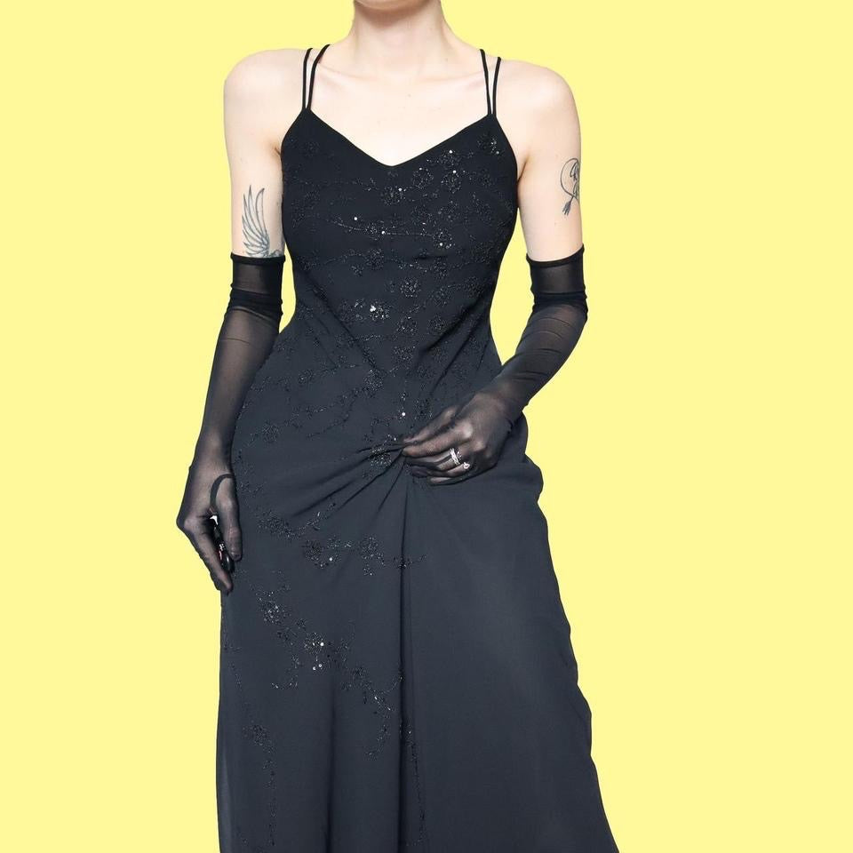 Black beaded chiffon evening dress UK 10