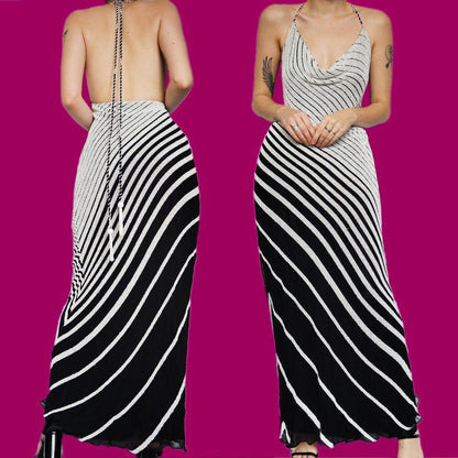 Yve London 100% silk black/white beaded evening dress UK 12