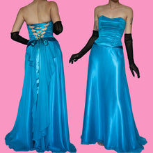 Load image into Gallery viewer, Blue Charas strapless lace up back evening gown UK 10/12
