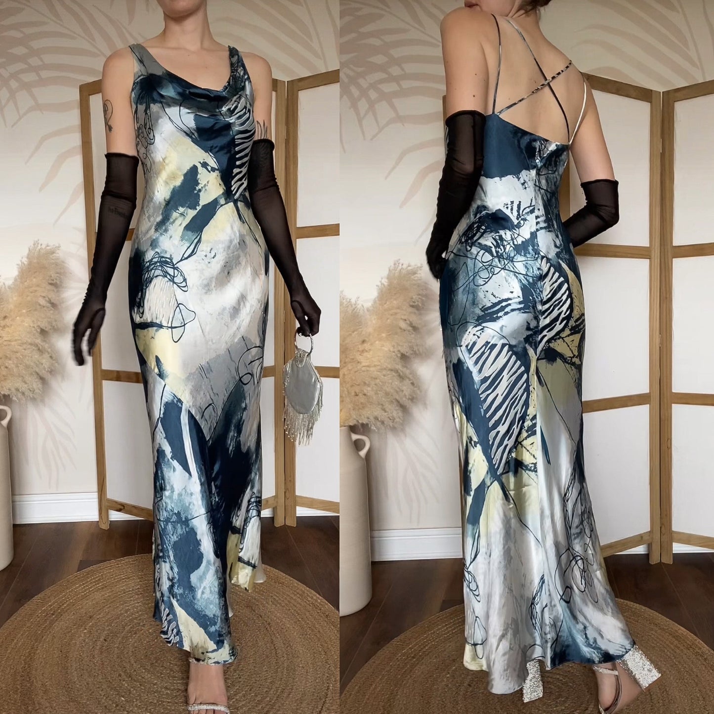 Silk blend print evening slip dress UK 10-12