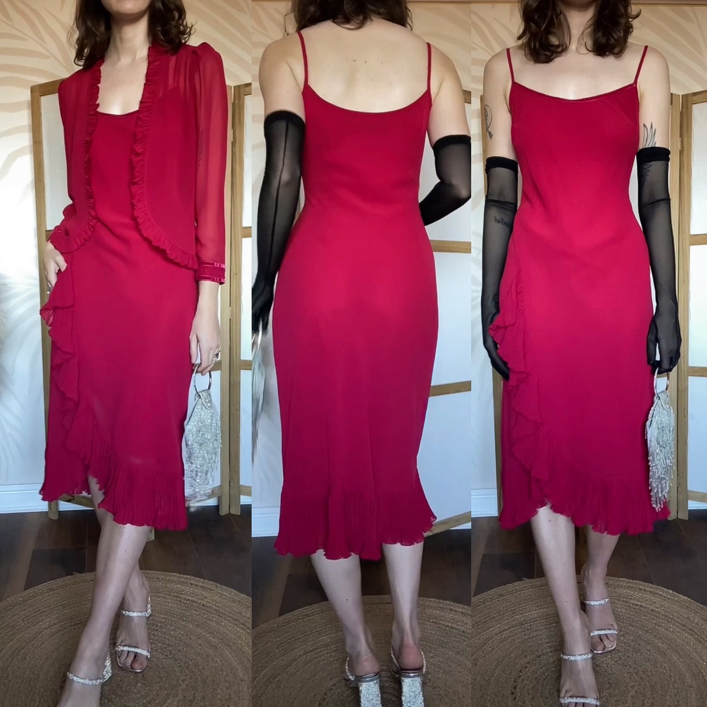 Debut red chiffon 2-piece dress & jacket uk 12