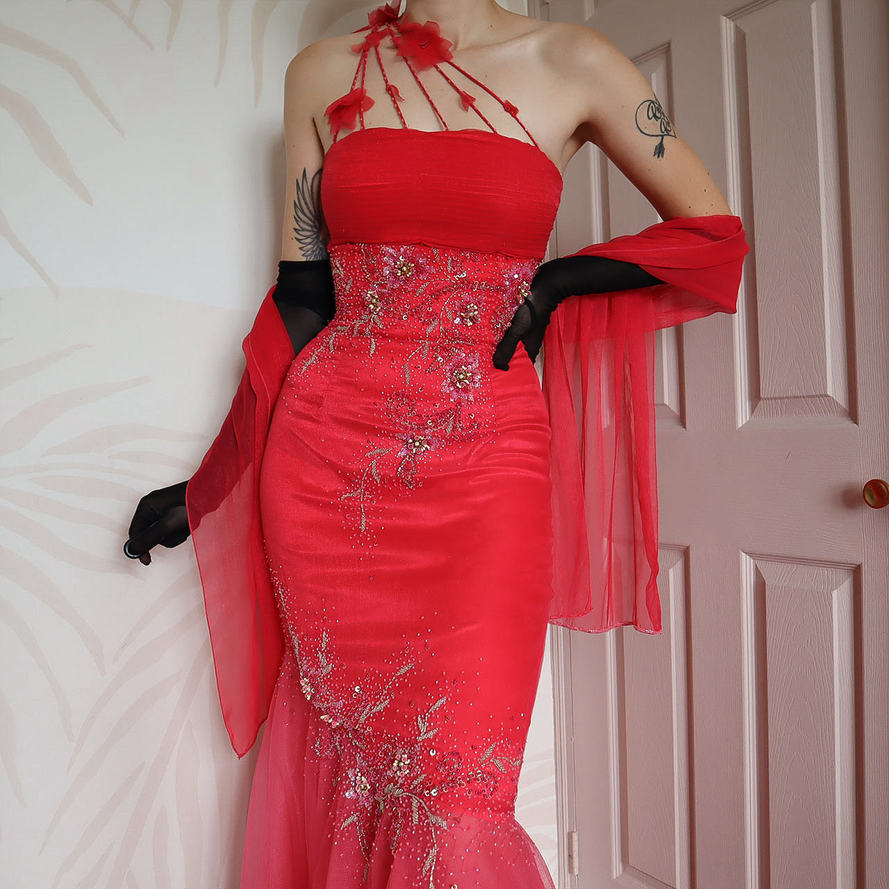 Red YVE London fishtail beaded evening dress & shawl UK 12