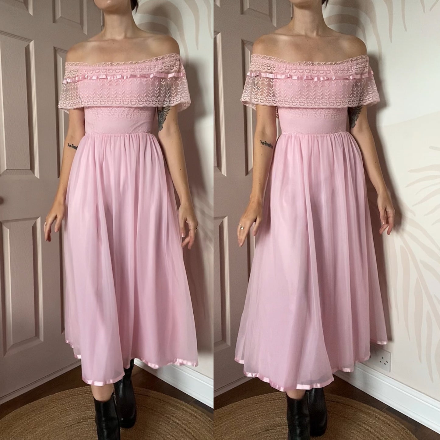 Baby pink 70s lace off shoulder dress UK 8