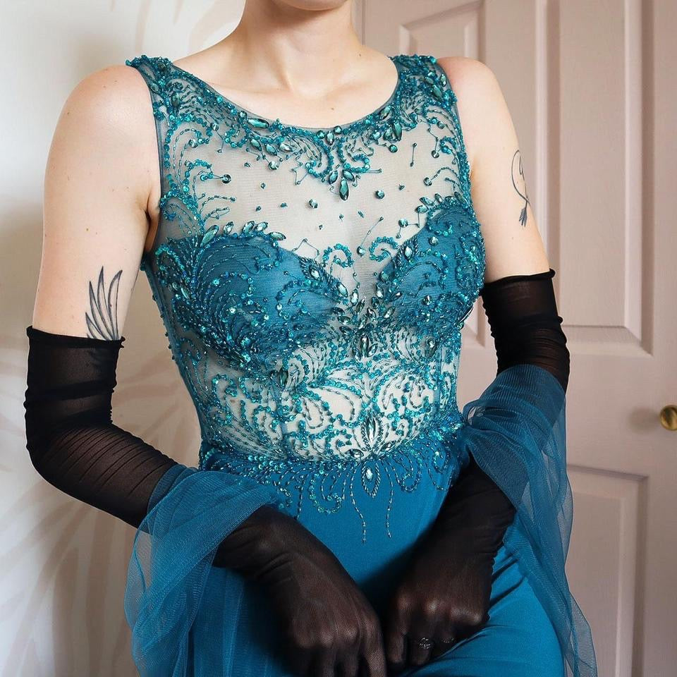 Goya teal gem evening dress & shawl UK 6