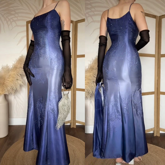 Navy ombré satin beaded evening dress uk 10-12