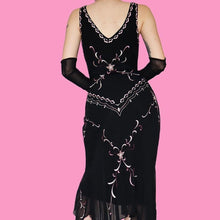 Load image into Gallery viewer, Black 100% silk embroidered midi dress UK 14
