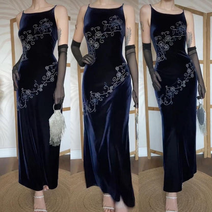 Navy velvet 90s beaded bodycon dress uk 14