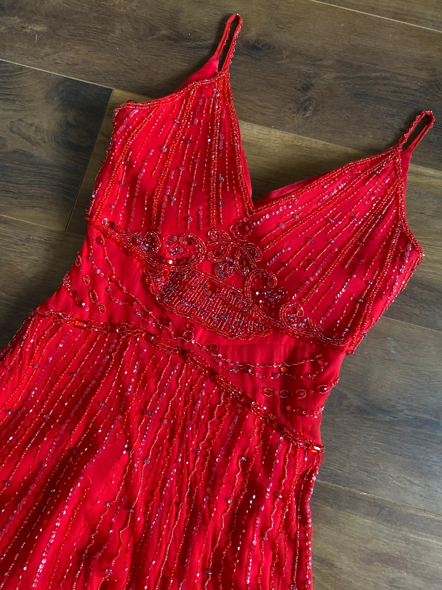 Red Gina Bacconi 100% silk beaded evening dress UK 10-12