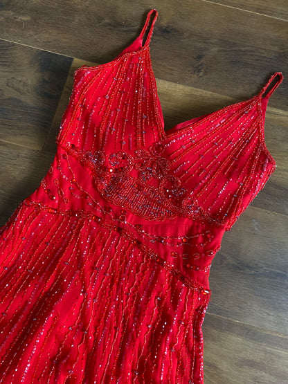 Red Gina Bacconi 100% silk beaded evening dress UK 10-12