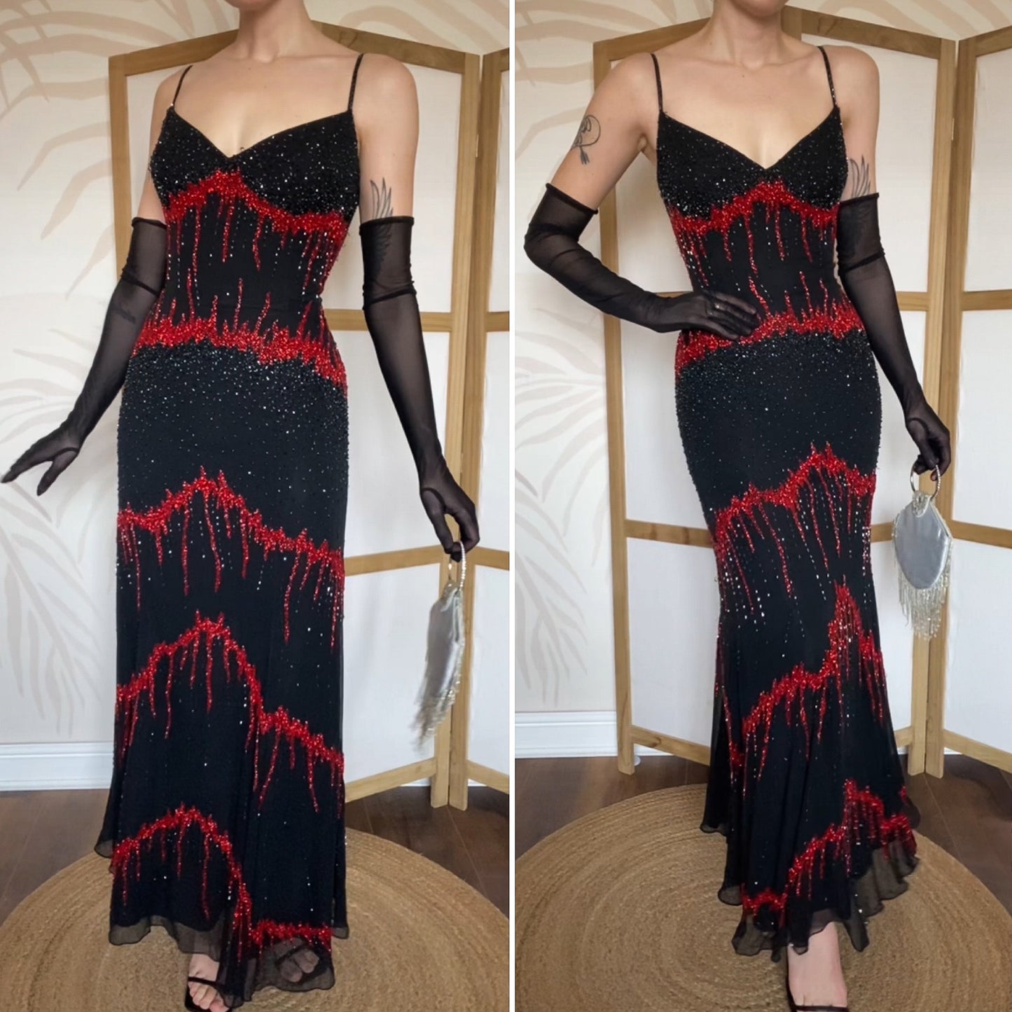 Black & red 100% silk beaded evening dress UK 14
