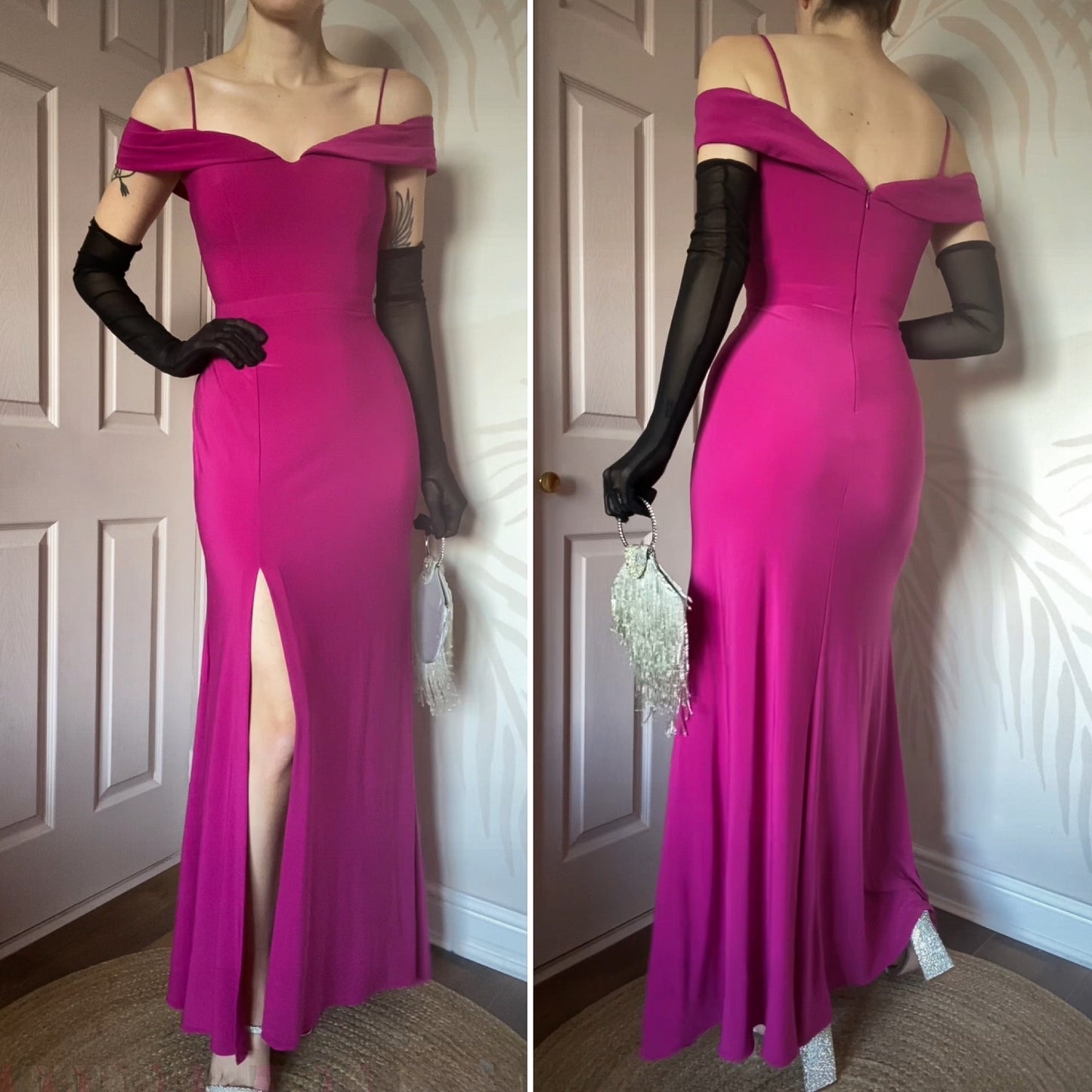 Beautiful fuchsia pink stretch cold shoulder evening dress UK 12