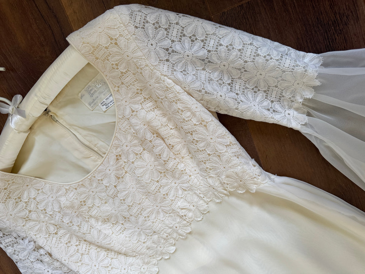 70s long sleeve floral lace wedding dress uk 8-10