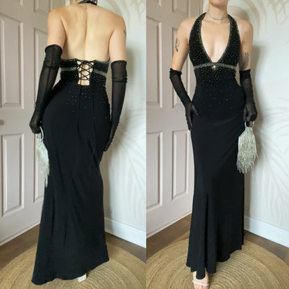 Black 90s Dave & Johnny beaded stretch halter neck evening dress UK 10