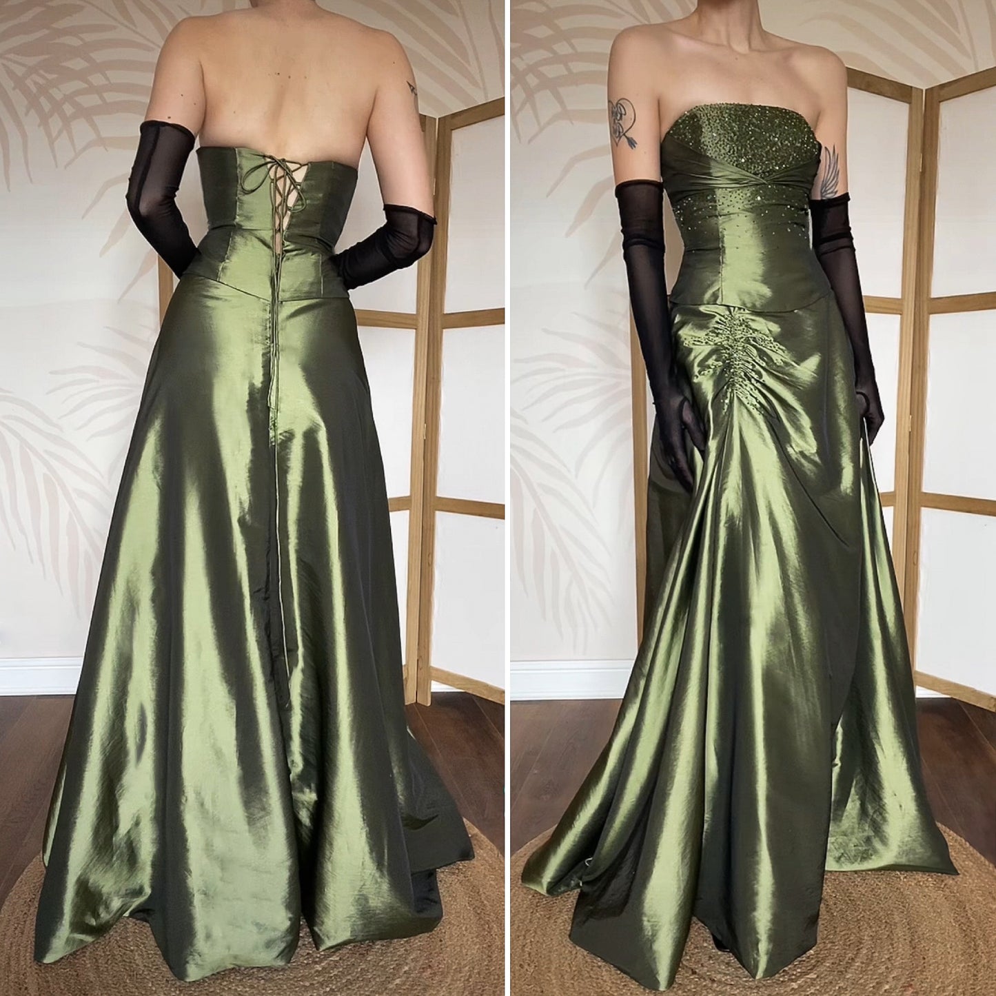 Green beaded Niki Livas strapless prom dress UK 12