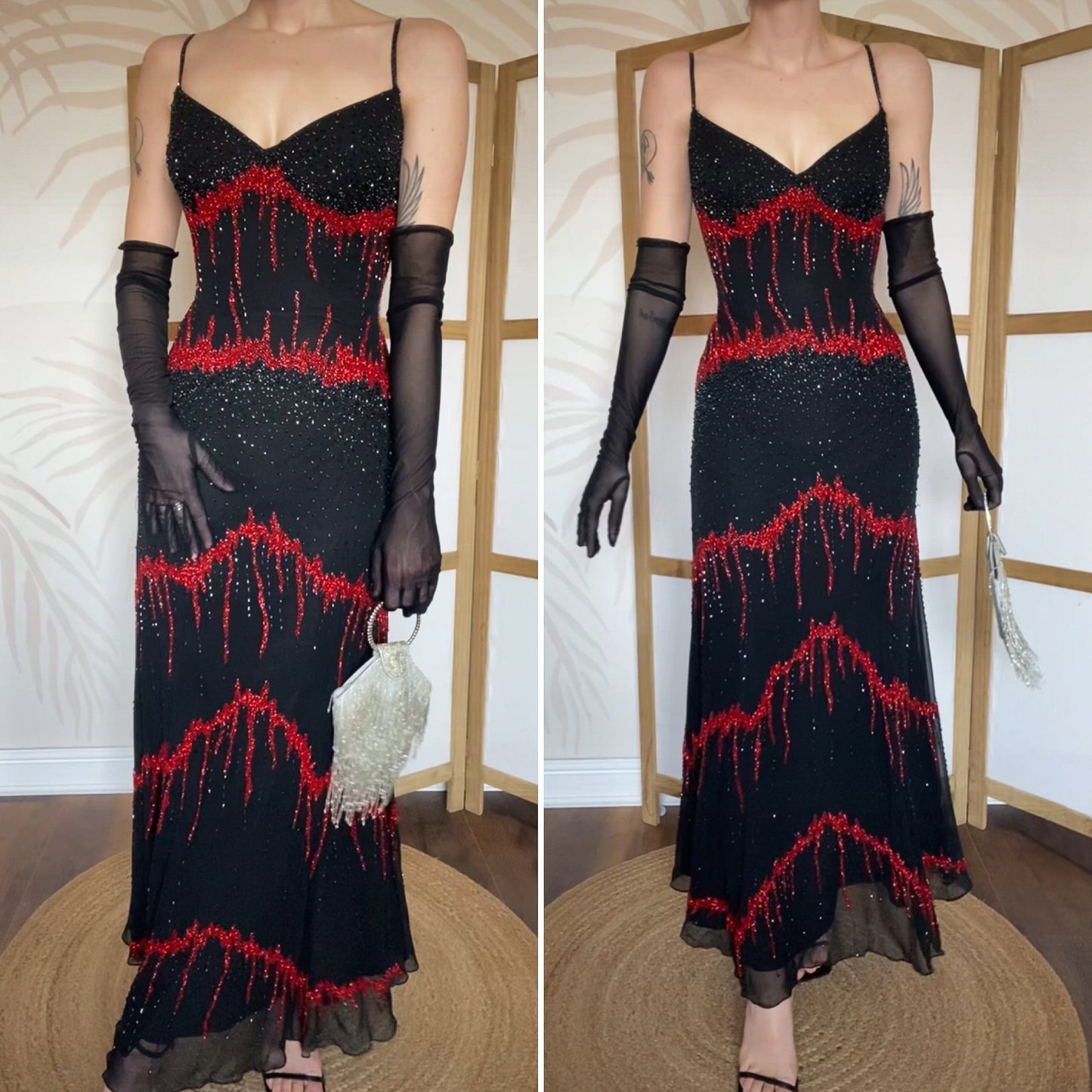 Black & red 100% silk beaded evening dress UK 14