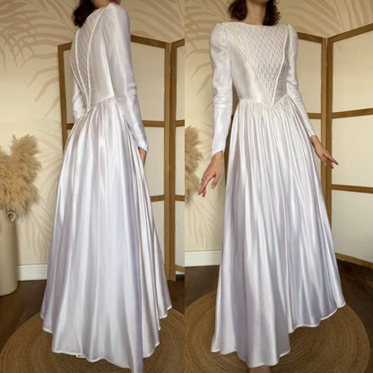 White satin long sleeve vintage wedding dress uk 8