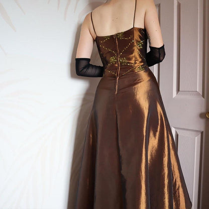 YVE London silky brown layered evening gown UK 12