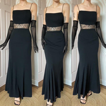 Black beaded 90s vintage sheer back evening dress UK 14