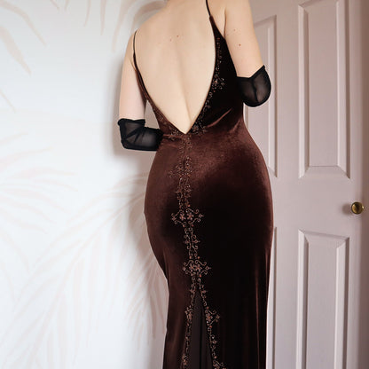 Brown velvet beaded Dave & Johnny evening gown UK 16
