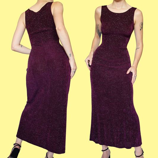Plum glittery stretch bodycon evening dress UK 12