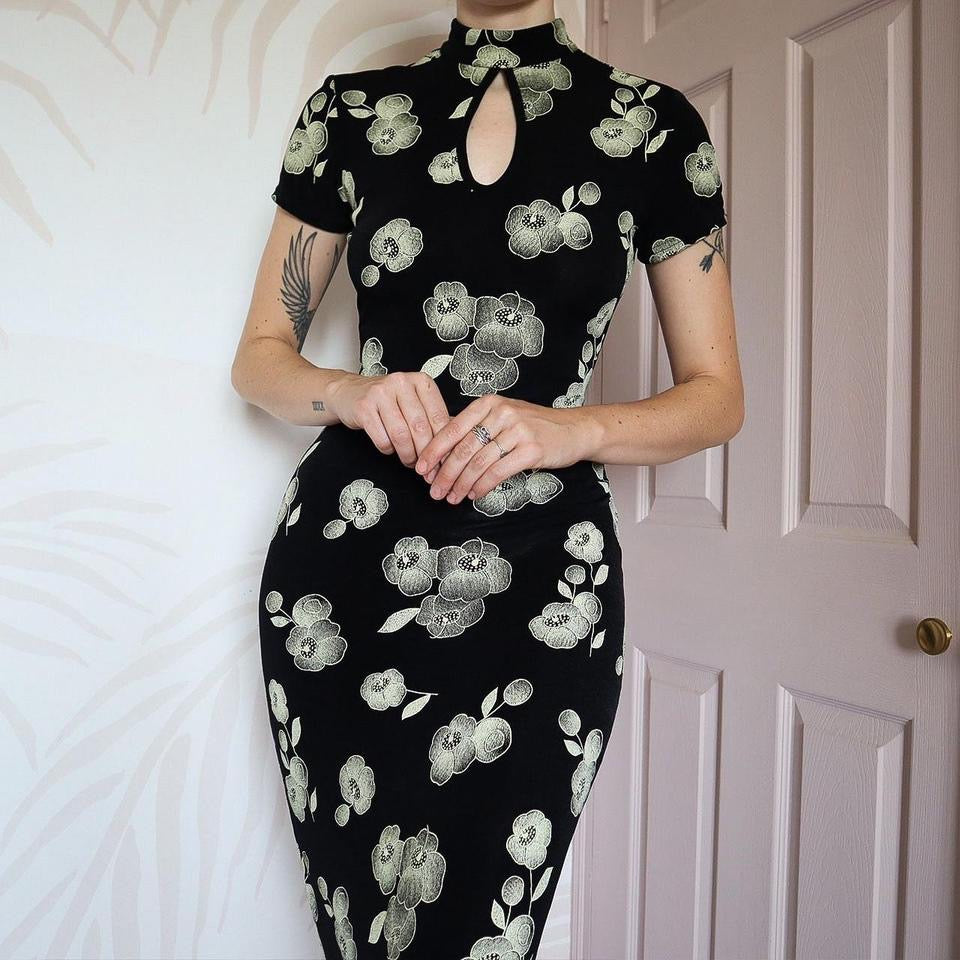 Black stretch high neck short sleeve dress UK 10