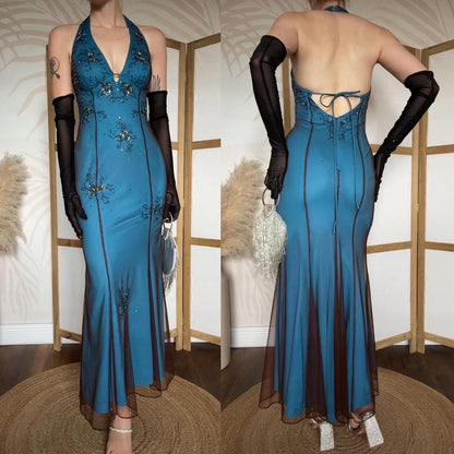 Niki Livas blue stretch halter-neck beaded dress uk 8