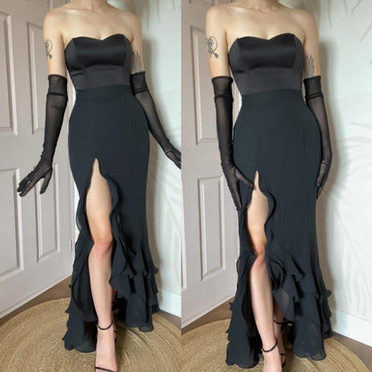 Long black leg slit flared maxi skirt uk 12-14
