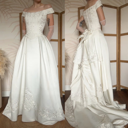 Ivory off shoulder fit & flare wedding dress uk 12