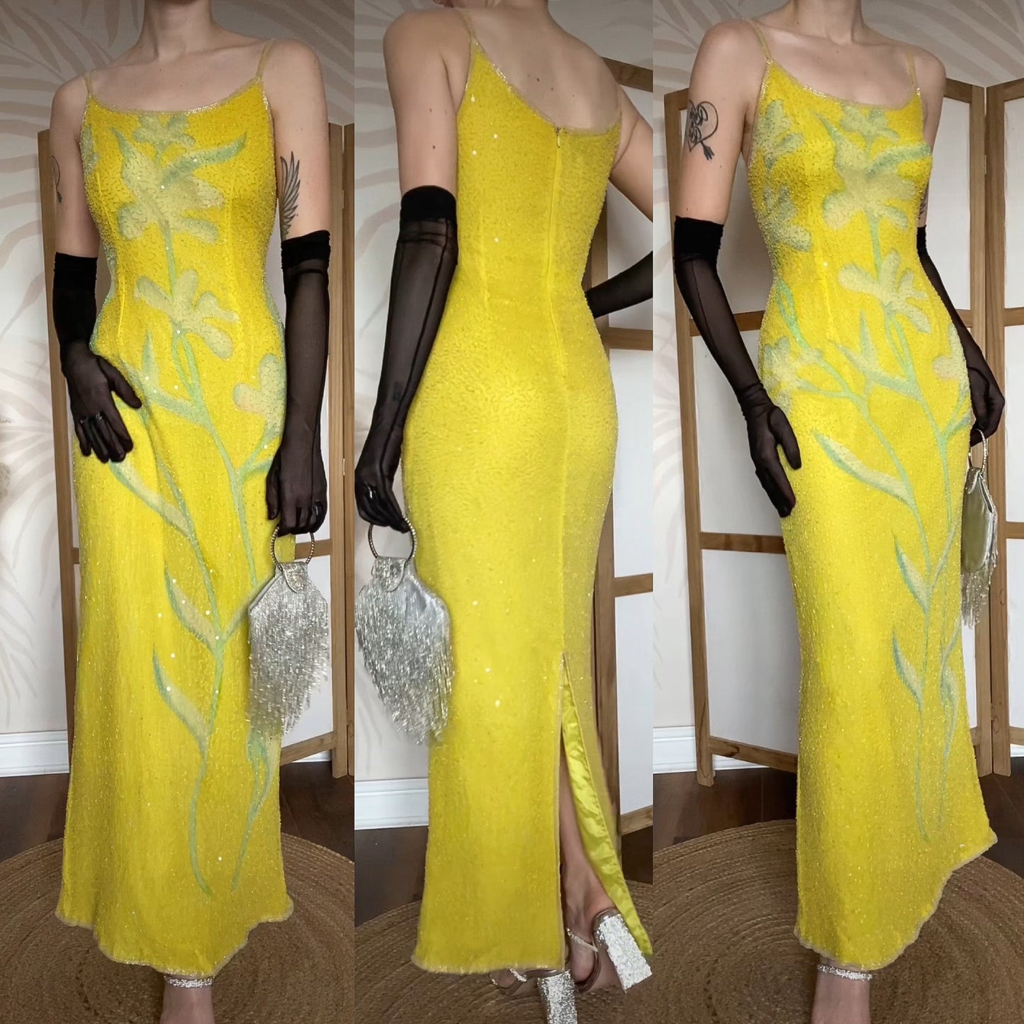Bright yellow After Six beaded 100% silk evening dress uk 12-14