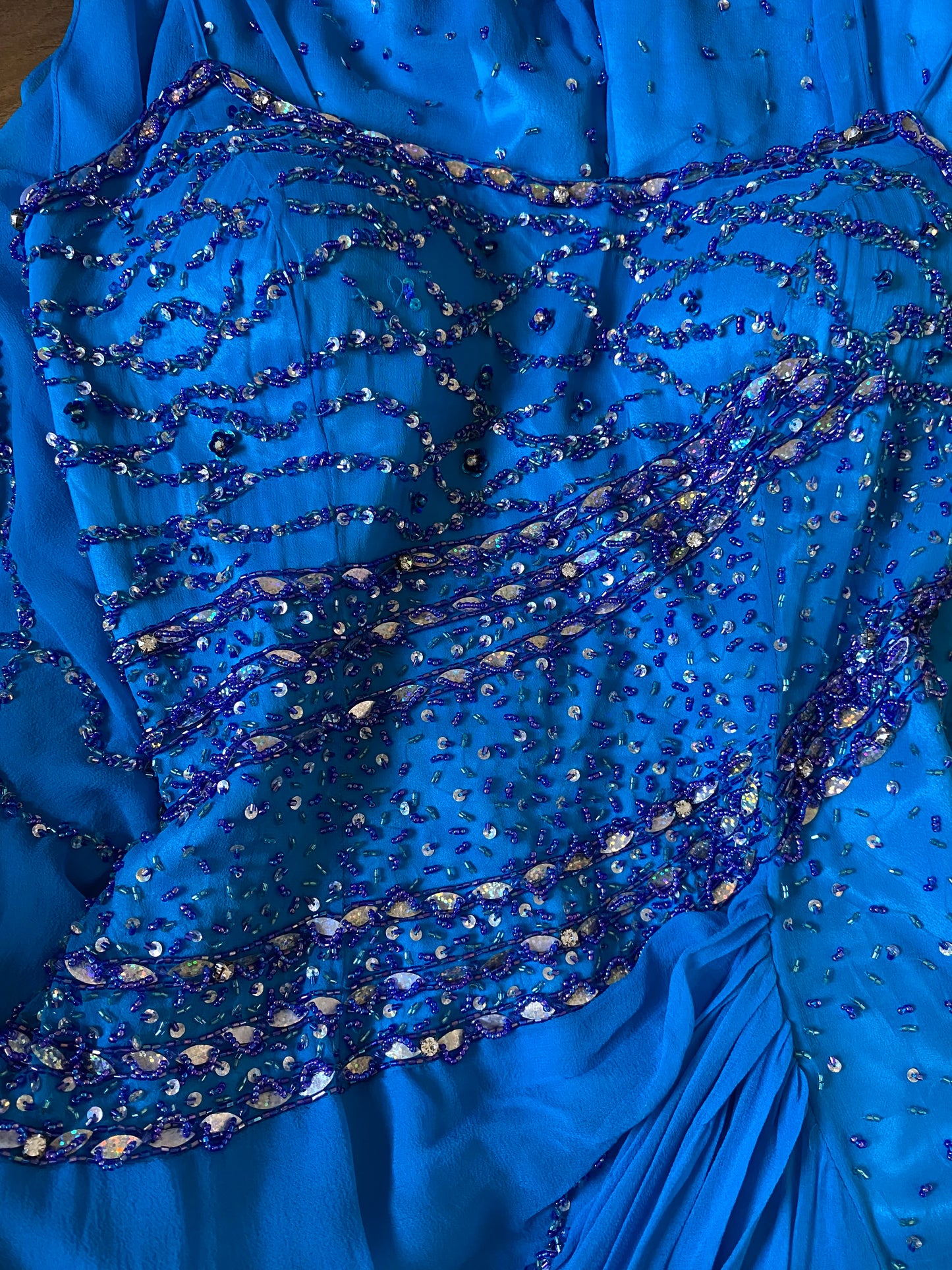 YVE London 100% silk blue beaded gown UK 12