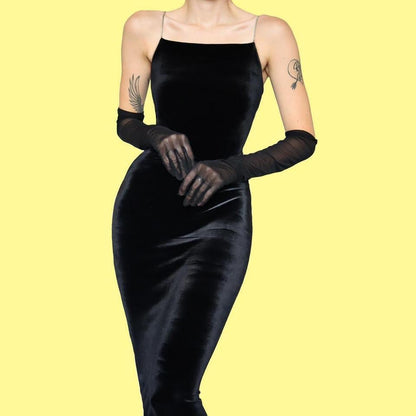 Black velvet bodycon evening dress UK 14