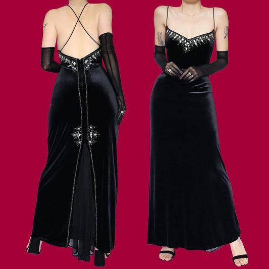 Black Flori Vintage 90s Velvet Beaded Gem Evening Gown Prom Dress UK Size 14-16