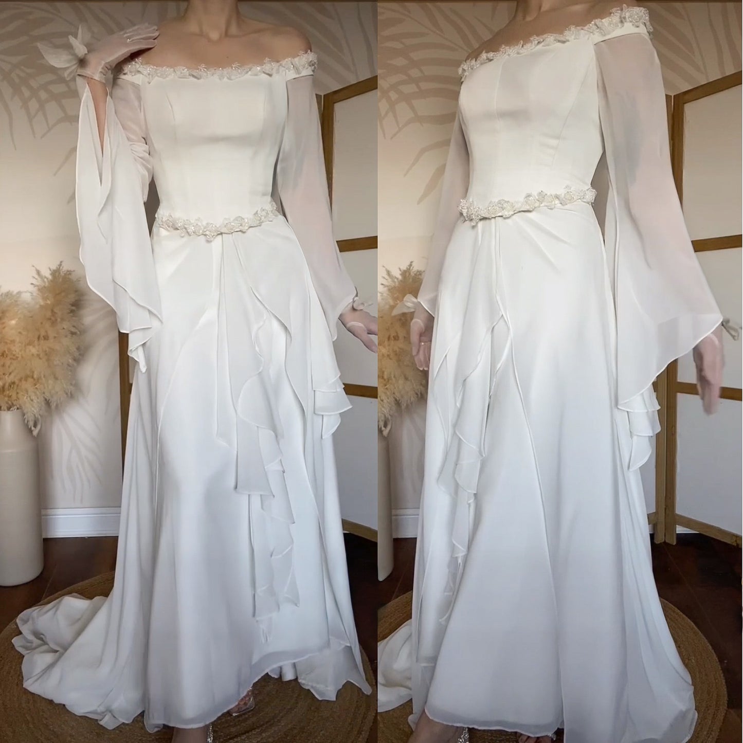 White petite off shoulder long sleeve vintage wedding dress uk 14
