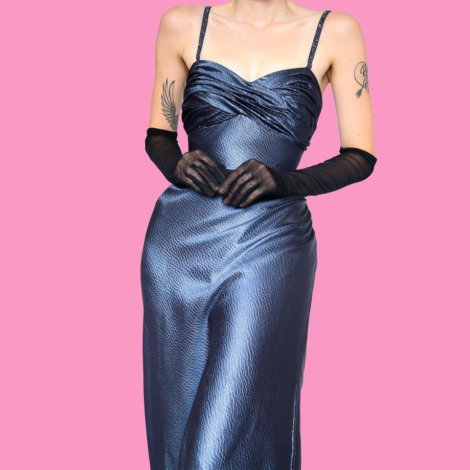 Niki Livas silver/blue textured evening dress UK 10