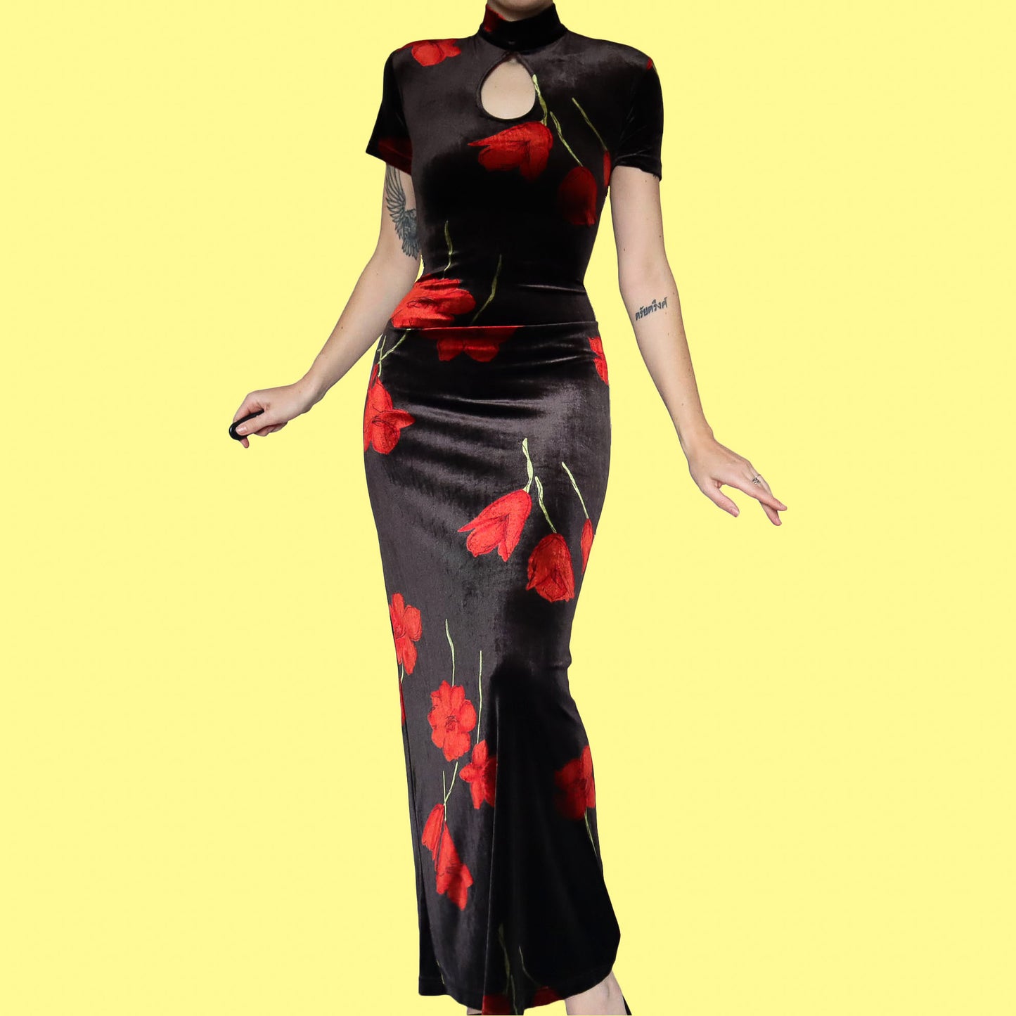 Black velvet floral evening gown UK 14