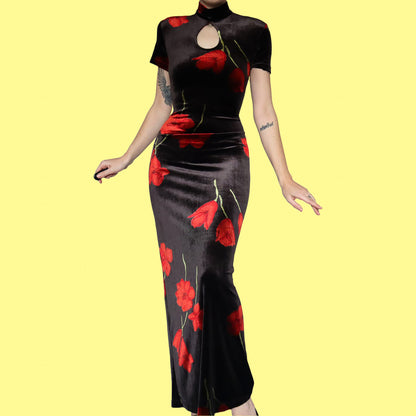 Black velvet floral evening gown UK 14