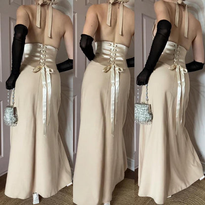 Designer Dawn Stretton 90s cream halter neck dress UK 10