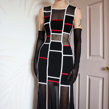 Tadashi black/white & red sheer panel dress UK 12